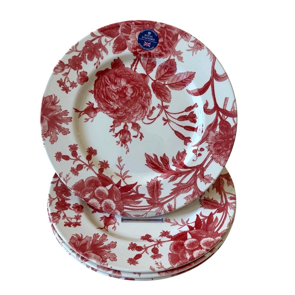 Royal Stafford Floral Weave Coral Dinner Plates 11" Set of 4 Made In England NEW